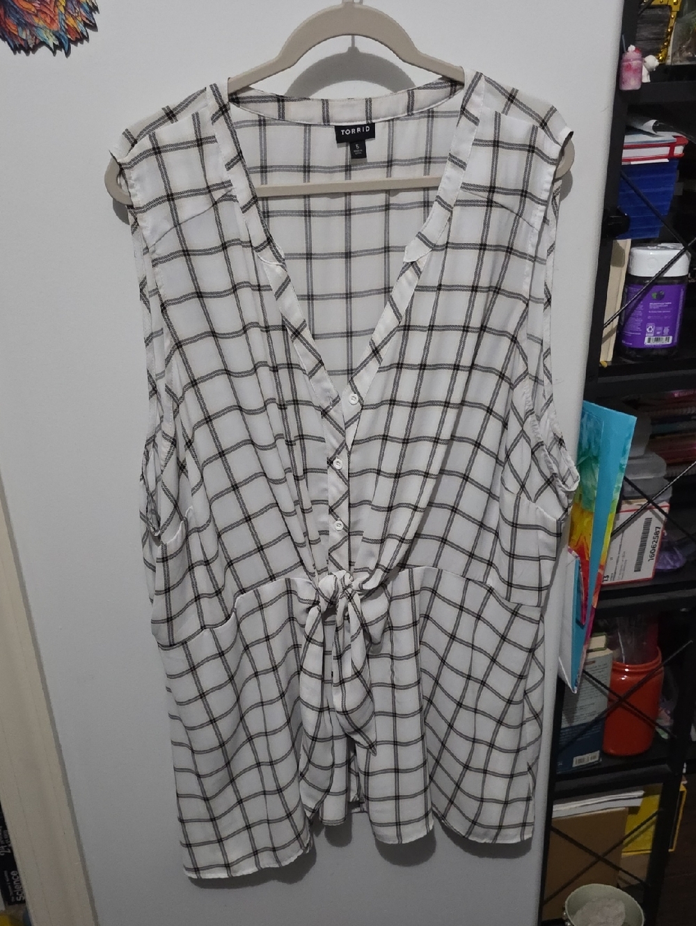 torrid White and Black Plaid Tie-Front Sleeveless Blouse